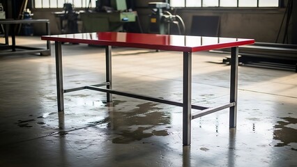 Striking red industrial table with sturdy metal legs, set on a wet concrete floor within a well-lit workshop, emphasizing its modern, durable design and functional purpose for various industrial tasks