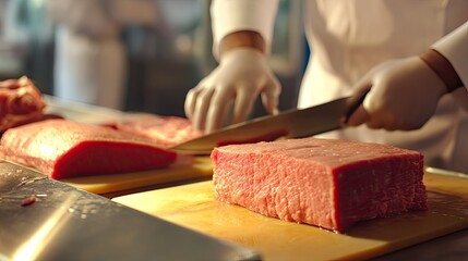 A Professional Chef Skillfully Slicing a Block of Fresh Red Meat on a Wooden Cutting Board in a Modern Kitchen Setting