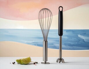 Culinary tools and citrus fruit against a painted beach scene backdrop, a whisk and immersion blender stand upright