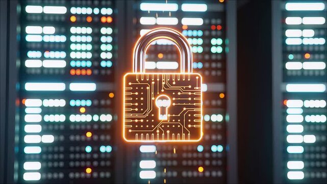 Glowing digital padlock with circuit design floats above illuminated server racks in a data center environment