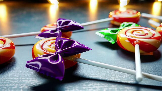Swirled hard candy lollipops featuring shiny purple and green wrappers and soft background lights