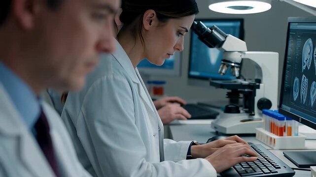 Female clinical microbiologist checking wristwatch impatiently while typing at a computer in a dark modern laboratory, illustrating deadline pressure in medical research