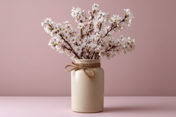 Fototapeta premium Delicate white wildflowers in a rustic jar with twine accent on a soft pink background