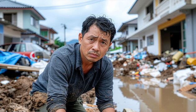 Sad Asian man searching for relatives after earthquake disaster. Portrait of a victim looking at camera amidst destroyed homes, mud, and debris in flood-affected residential area.