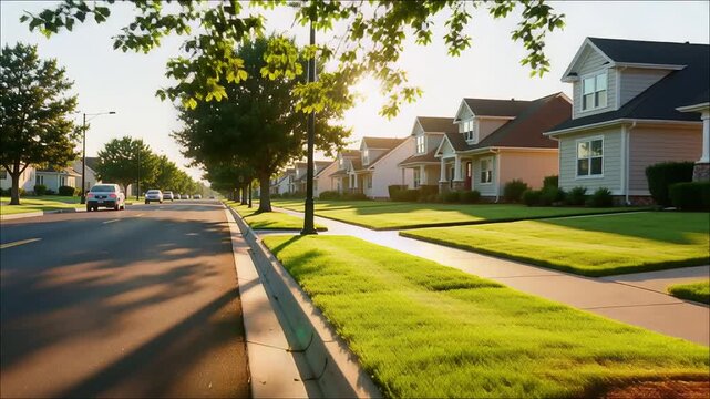 Suburban street lined with green trees and houses at sunrise with long shadows across the road