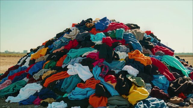 Massive pile of discarded colorful used clothing dumped in a dry arid outdoor landscape