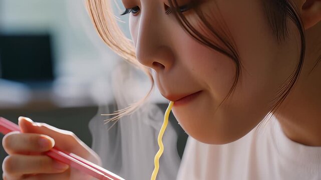 Cinematic close up of a hungry young Asian woman slurping hot steaming instant ramen noodles from a cup with chopsticks, showcasing appetite and casual dining concepts.