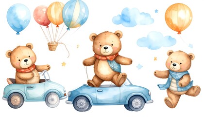 Cute illustrations of three teddy bears. One drives a car, another on top, and another runs. Balloons and clouds included