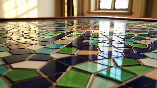 Close up view of an abstract mosaic tabletop featuring irregular geometric glass tesserae in blues and greens