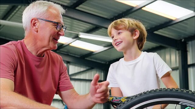 Smiling grandfather and grandson working on a bicycle wheel inside a garage workshop