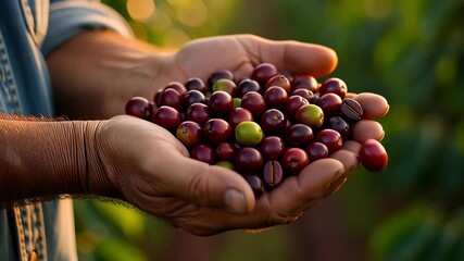 Close up of farmer hands holding fresh ripe red coffee cherries in golden light, illustrating organic agriculture harvest concepts.