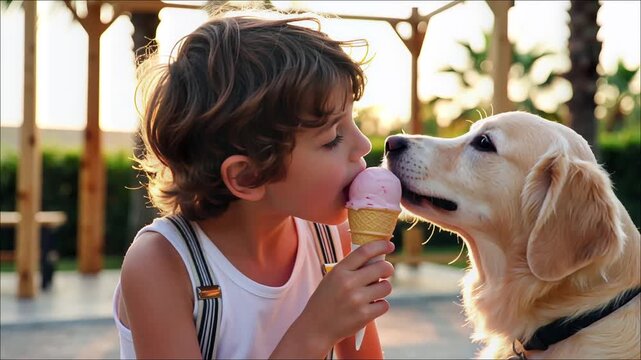 Young boy with curly hair enjoys pink ice cream cone near attentive golden retriever dog outdoors