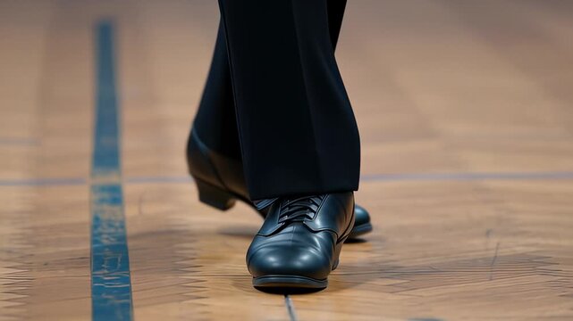 Close-up of male tap dancer legs in black leather shoes performing rhythmic footwork on a wooden studio floor, illustrating traditional performance arts.
