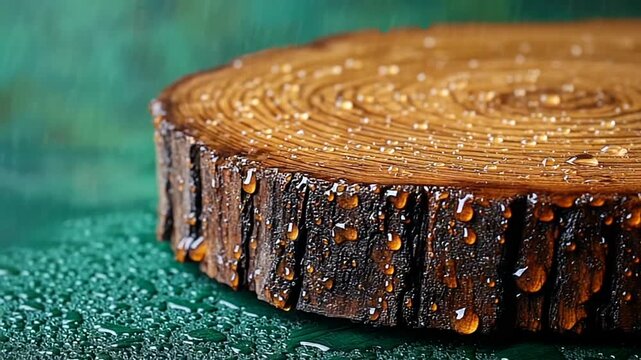Close-up of a wet wooden log with droplets