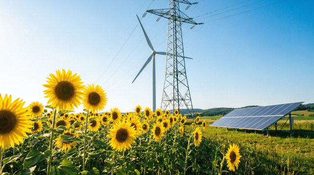 Vibrant sunflower field with modern renewable energy sources like wind turbines, solar panels, and electricity pylons under a blue sky