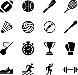 Collection of black sport icons on white background american football basketball