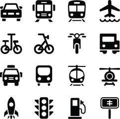 Collection of black transportation and traffic icons on white background train subway