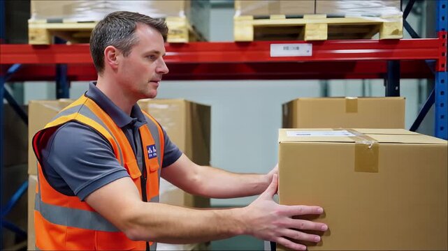Warehouse worker in safety vest handles a cardboard shipping box near storage shelving units