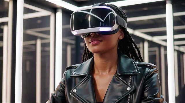 Young Black woman wearing VR headset and leather jacket immersed in futuristic blue neon light environment