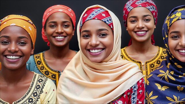 Group portrait of five smiling young Black women wearing colorful patterned headscarves and traditional tops