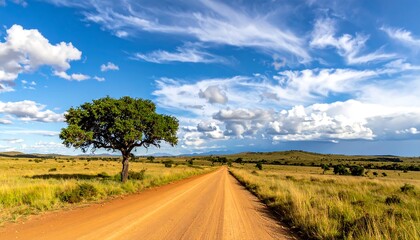 Dirt road stretches towards the horizon under a cloudy blue sky