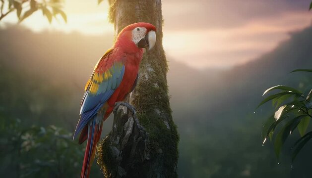 Colorful parrot perched on tree branch against forest background