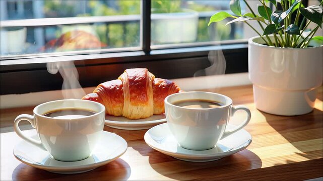 Two steaming cups of coffee and a golden croissant set near a sunny window with a houseplant
