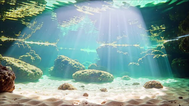 Underwater sunbeams pierce clear turquoise water illuminating a sandy bottom with scattered textured rocks