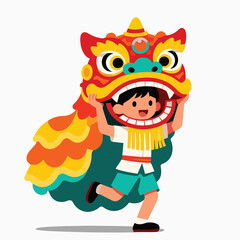 Cute Kid Performing Lion Dance Illustration