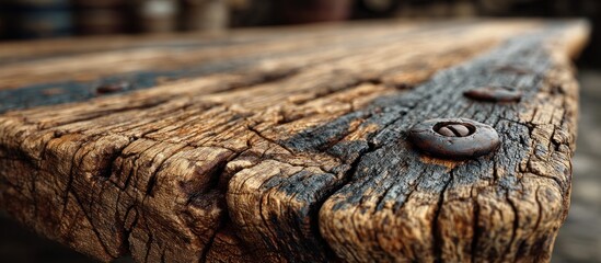 Close-up of aged wooden planks with rustic metal hardware