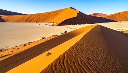 Orange dunes meeting a flat, white valley under a blue sky