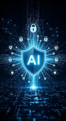 A  digital shield displaying AI security, encompassed by a network of connected symbols, casts a radiant glow upon a grid-like background.