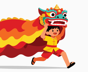 Cute Kid Performing Lion Dance Illustration