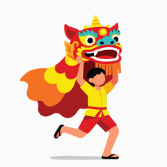 Cute Kid Performing Lion Dance Illustration