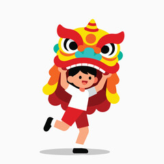 Cute Kid Performing Lion Dance Illustration