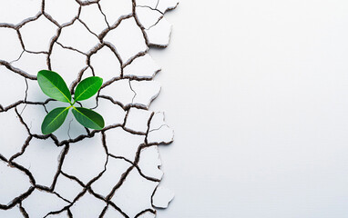 Vibrant green plant sprouts from cracked white earth new life resilience hope growth environment