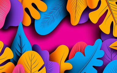 Vibrant illustration tropical leaves background pink orange yellow