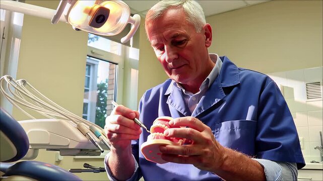 Middle aged male dentist in blue uniform demonstrating teeth cleaning on a dental model under a bright lamp