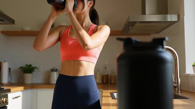 Fit young Asian woman drinking a protein shake behind a large black jug in a blurred kitchen, illustrating healthy hydration and workout nutrition concepts.