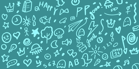 Seamless hand-drawn doodle pattern featuring icons like stars, hearts, arrows, crowns, ghosts, symbols, and fun sketch elements. Trendy cartoon background perfect for wallpapers, stationery .