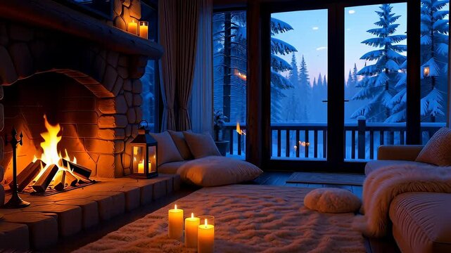 Cozy cabin interior featuring a burning stone fireplace and candles against a snowy winter forest window view in blue twilight, creating a warm hygge atmosphere for holiday backgrounds.