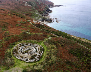 Carn Gluze aka Ballowall Barrow. St. Just, Cornwall. Bronze Age funerary cairn chambered tomb mound and multiple stone cists altered by reconstruction