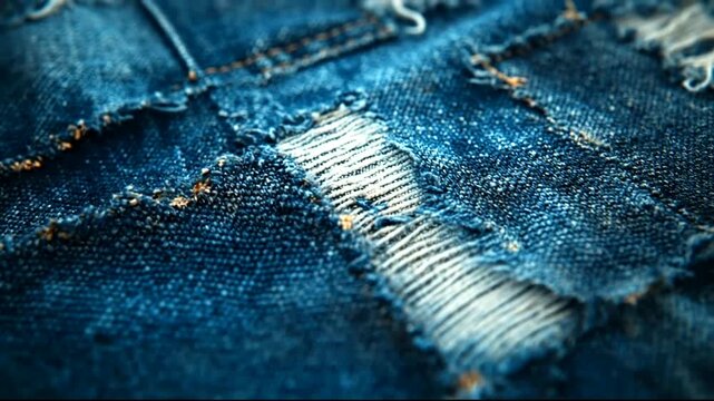 Close-up of textured denim fabric with patches and frays