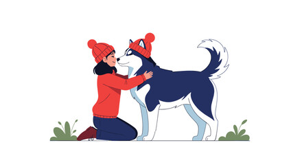 A cheerful young woman in a red beanie kneels to embrace her husky dog, who is also wearing a matching hat, sharing a tender moment outdoors. © Panna