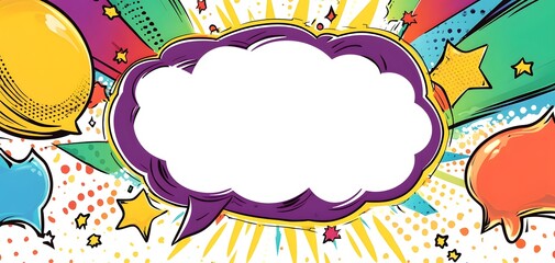Vibrant comic book style speech bubble with blank space for text surrounded by colorful abstract shapes and starbursts creating a dynamic celebratory atmosphere
