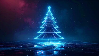 Abstract Digital Christmas Tree With Blue Glowing Lines on Dark Background