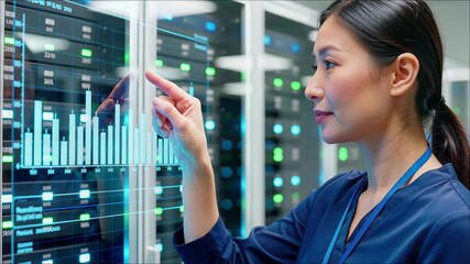 Asian female technician interacting with holographic data visualization inside a server room environment - Powered by Adobe