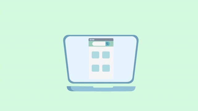 Minimalist vector illustration of a laptop showing a simplified application interface with a search bar and four square content placeholders on a light green background.
