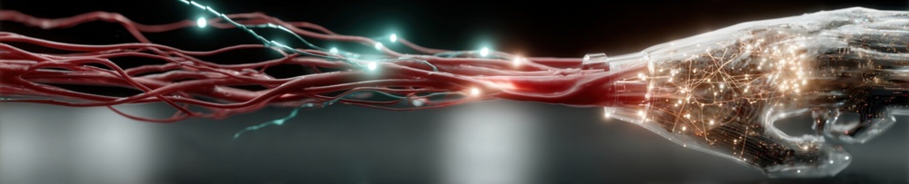 A glowing AI micro-robot navigates human tissue under extreme magnification, highlighting futuristic diagnostics in a sterile laboratory setting.