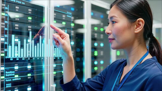 Asian female technician interacting with holographic data visualization inside a server room environment